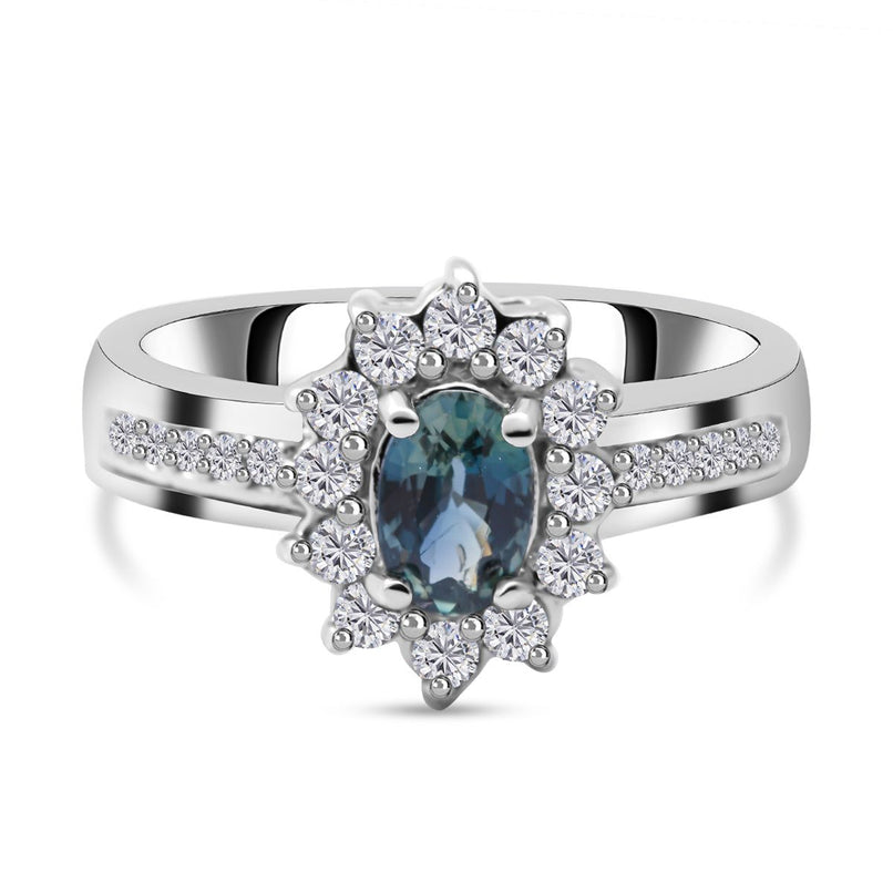 Natural Parti Sapphire & Natural Zircon Halo Ring in Platinum Overlay Sterling Silver 1.18 Ct._8961005