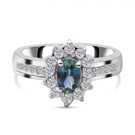 Natural Parti Sapphire &amp; Natural Zircon Halo Ring in Platinum Overlay Sterling Silver 1.18 Ct. 8961006 1