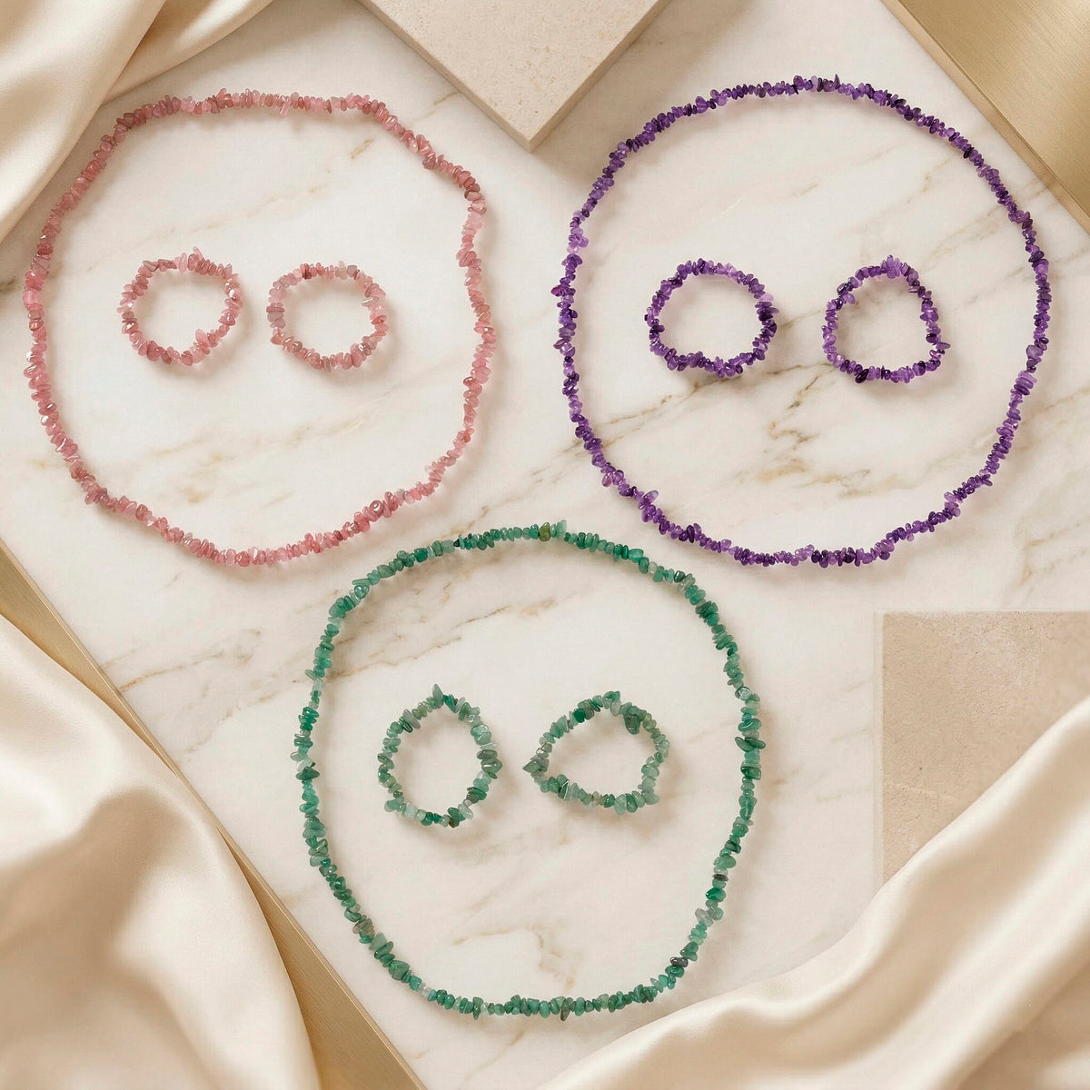 Set of 3 - Green Aventurine, Madagascar Rose Quartz &amp; African Amethyst Chips Necklace (Size - 32) &amp; 6 Pcs of Stretchable Bracelet (Size - 7) 1350.00 Ct. V32651841 3