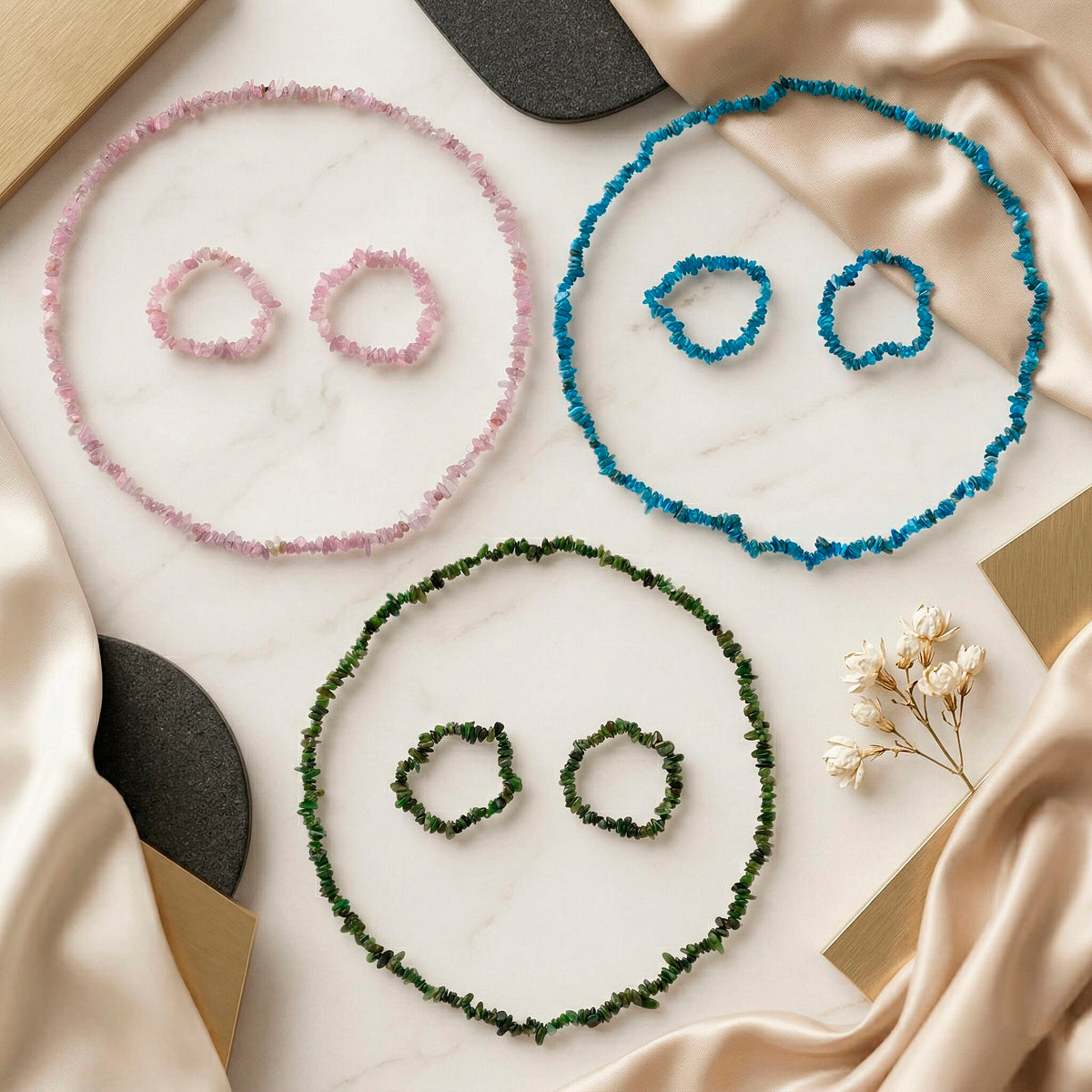 Set of 3 - Jade, Kunzite &amp; Neon Apatite  Necklace (Size - 32) &amp; 6 pcs of Stretchable Bracelet (Size - 7 to 10) 1350.00 Ct. V32527876 3