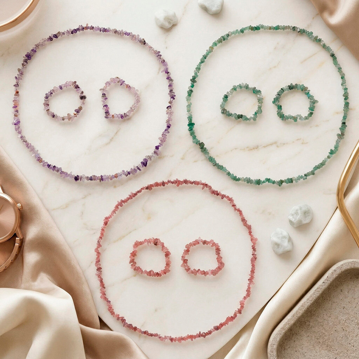 Set of 3 - Strawberry Quartz, Cherry Quartz &amp; Green Kiwi Quartz Chips Necklace (Size - 32) &amp; 6 pcs of Stretchable Bracelet (Size - 7) 1350.00 Ct. V32648275 3