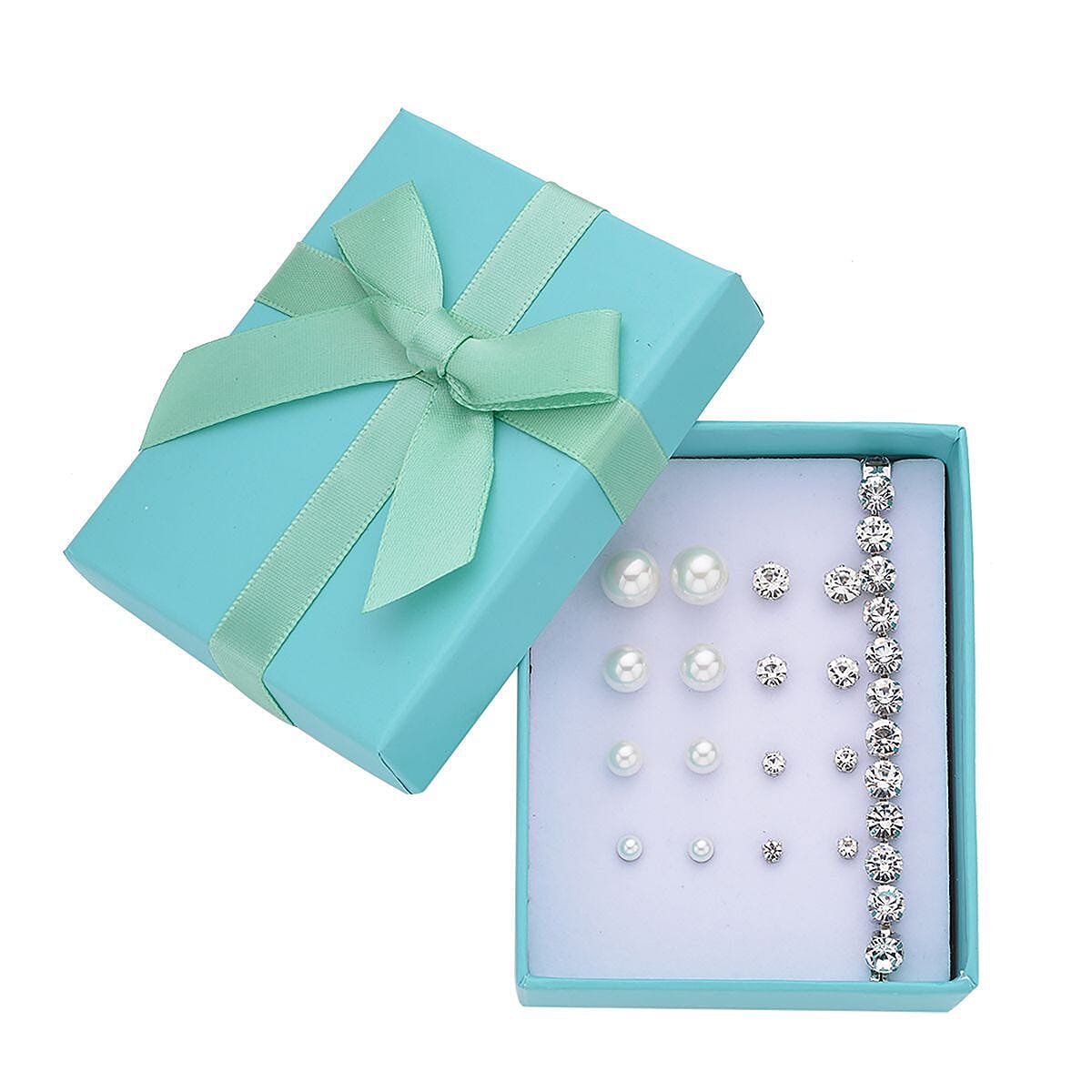 Birthday Mega Deal - 9 Piece Set - White Crystal Tennis Bracelet (Size 7.5 - 2 Ext) With 4 Pairs Of Shell Pearl Earrings &amp; 4 Pairs of Crystal Earrings With Push Backs Presented in a Gift Box 4119372 0
