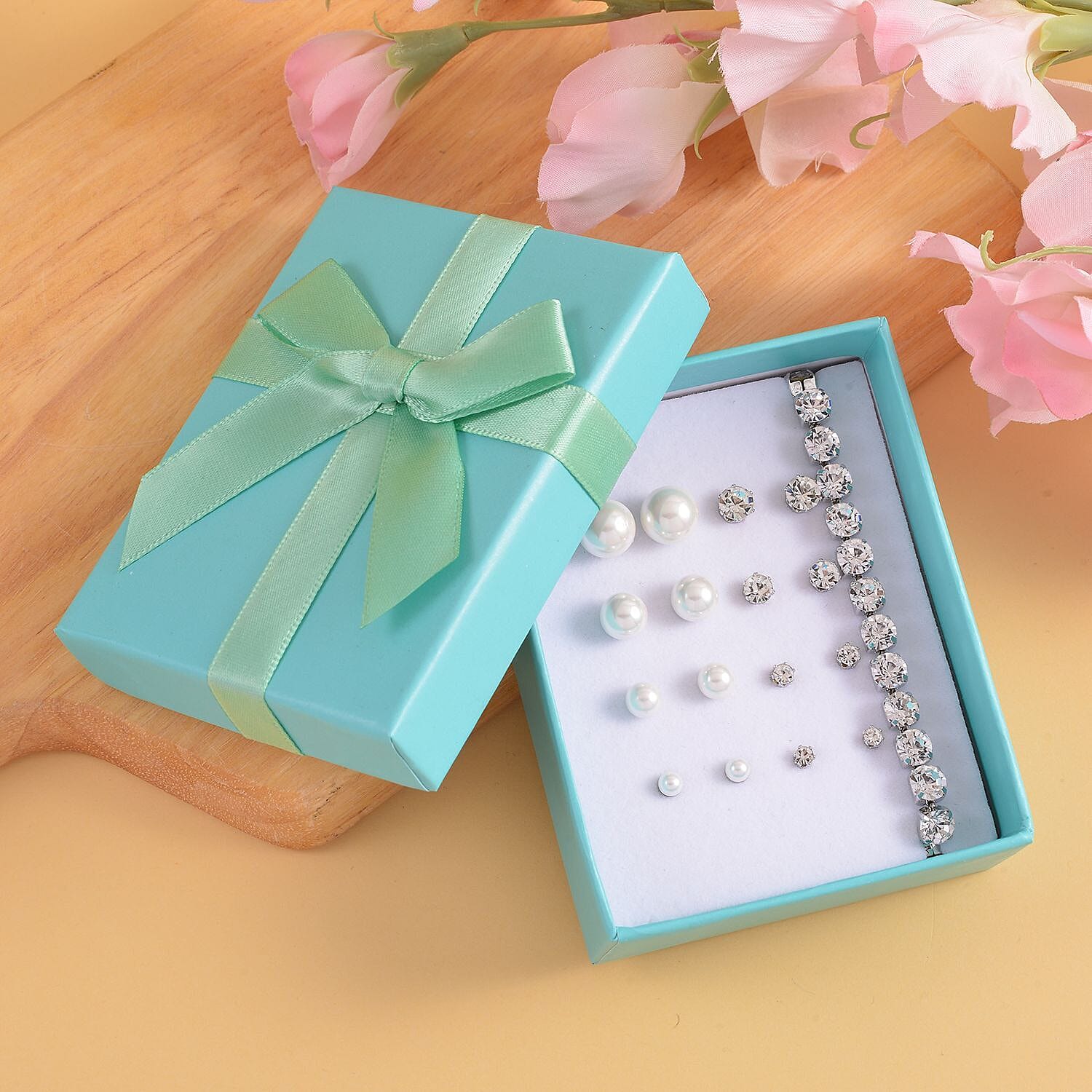 Birthday Mega Deal - 9 Piece Set - White Crystal Tennis Bracelet (Size 7.5 - 2 Ext) With 4 Pairs Of Shell Pearl Earrings &amp; 4 Pairs of Crystal Earrings With Push Backs Presented in a Gift Box 4119372 1