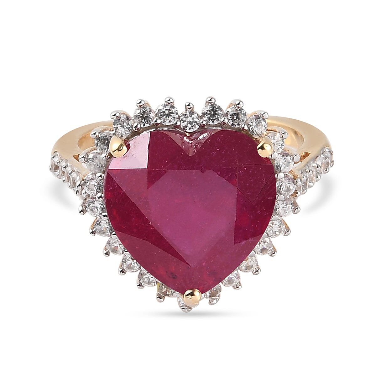 9.41 Ct. Fissure Filled Ruby and Natural Cambodian Zircon Heart Halo Ring in Gold Plated Sterling Silver 3837625 0