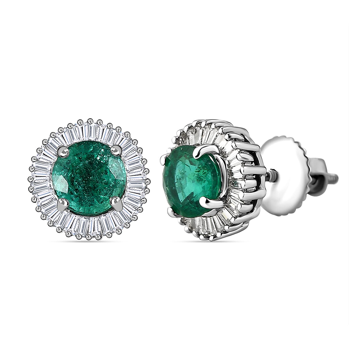 900 White Platinum AAA Emerald and Diamond (SI - G/H) Halo Earrings (with Screw Back) 1.36 Ct 7517673 4
