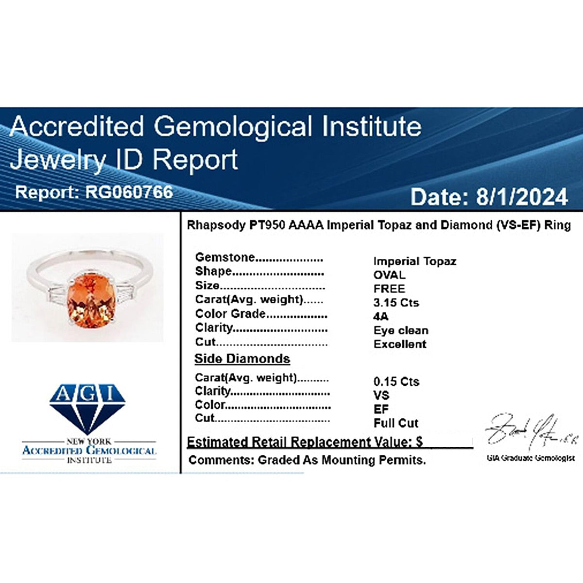 Appraised and Certified RHAPSODY 950 Platinum AAAA Imperial Topaz White Diamond VS Ring 3.3 Ct. 7840298 5