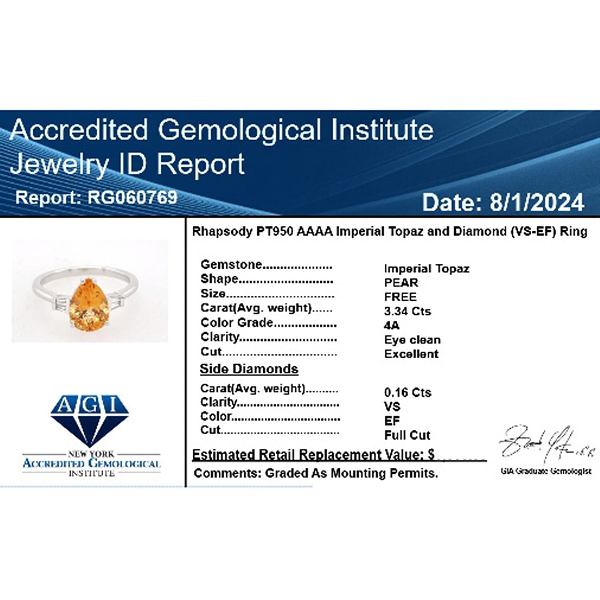 950 Platinum  AAAA  Imperial Topaz   White Diamond  VS Ring 3.50 ct,  Platinum Wt. 5.84 Gms  3.500  Ct. 7840326 5