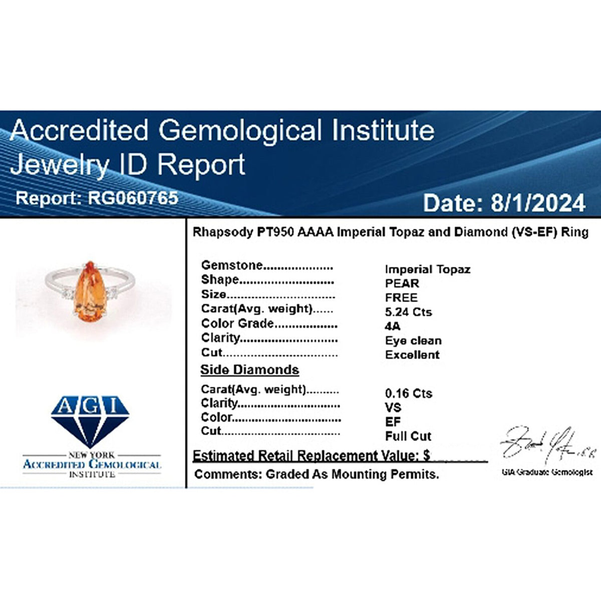 Appraised and Certified RHAPSODY 950 Platinum AAAA Imperial Topaz White Diamond VS Ring 5.4 Ct. 7840283 6