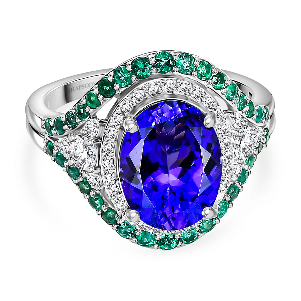 RHAPSODY 950 Platinum AAAA Tanzanite, Colombian Emerald, White Diamond (VS/E-F) Ring 5.00 ct. 7929839 0