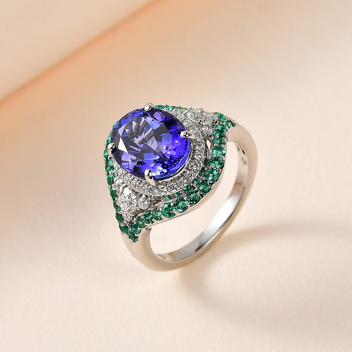 RHAPSODY 950 Platinum AAAA Tanzanite, Colombian Emerald, White Diamond (VS/E-F) Ring 5.00 ct. 7929839 2