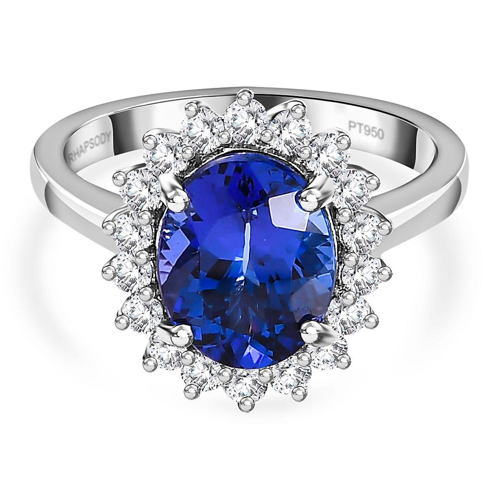 RHAPSODY 950 Platinum AAAA Tanzanite Diamond Halo Ring 3.50 Ct, Platinum Wt 6.22 GM