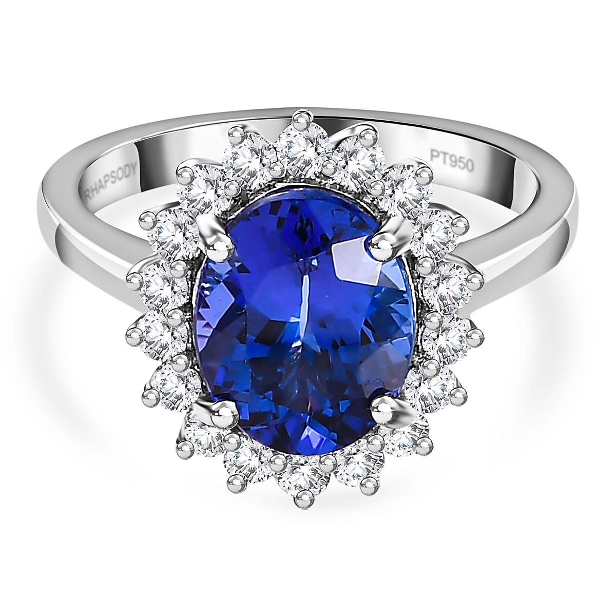 RHAPSODY 3.49 Ct AAAA Tanzanite and White Diamond VS EF Halo Signature Ring in 950 Platinum 7664952 0