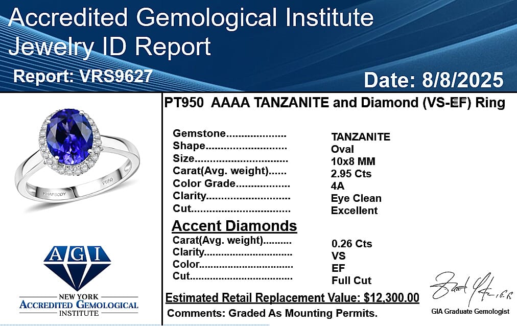 RHAPSODY AGI Certified 3.2 Ct. AAAA Tanzanite, White Diamond VS E-F Solitaire Ring in 950 Platinum 8374135 9
