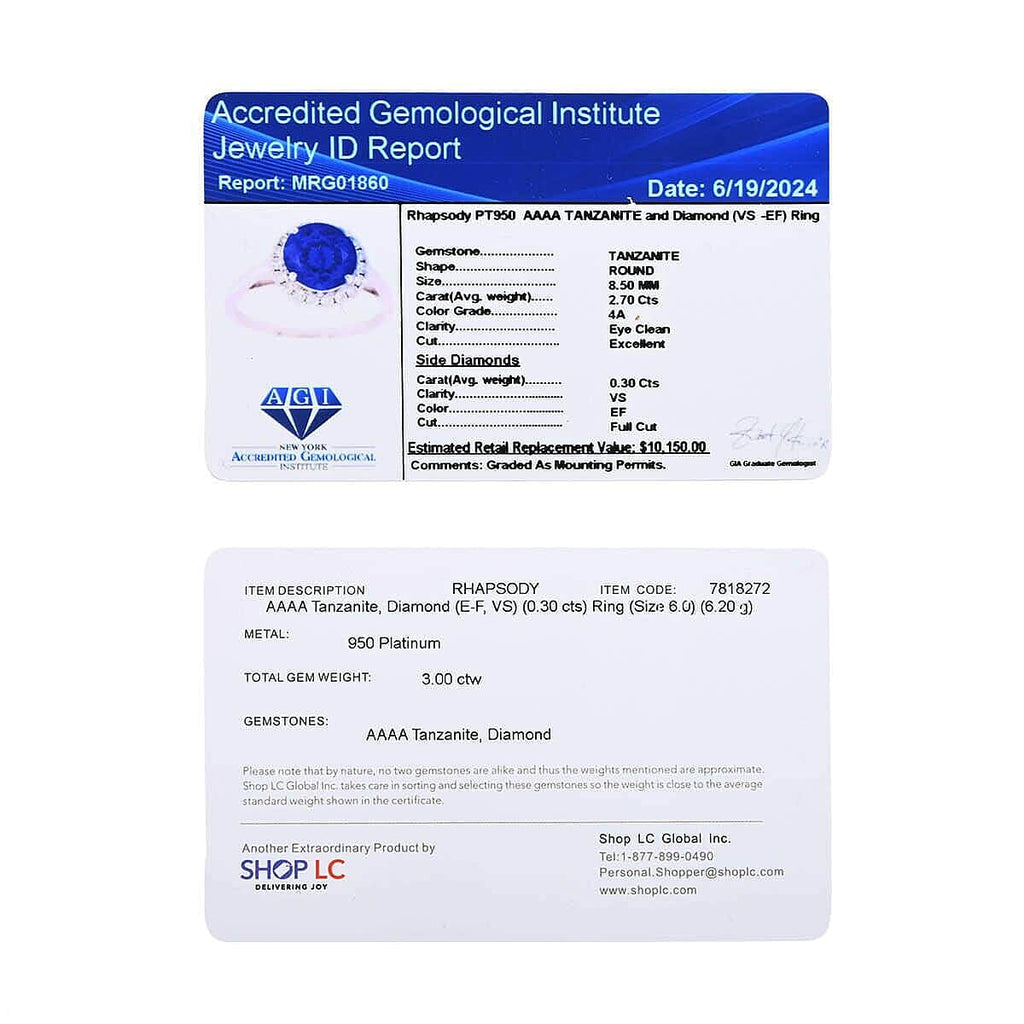 950 Platinum  AAAA  Tanzanite   White Diamond  VS Ring 3.00 pc,  Platinum Wt. 6.2 Gms  2.900  Ct.