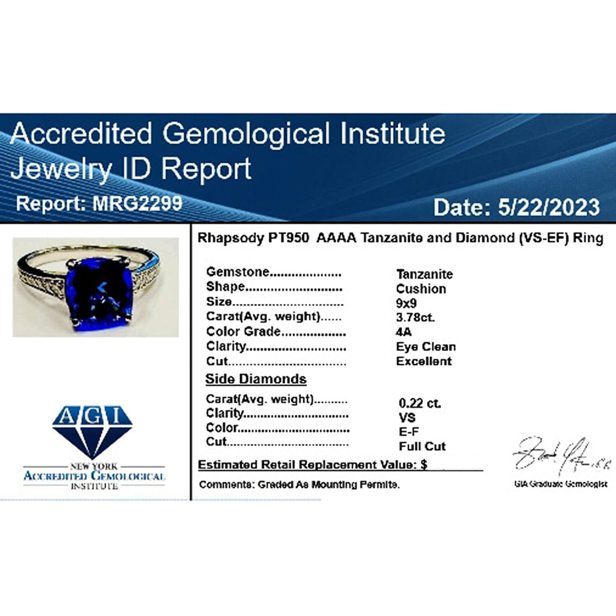 Certified &amp; Appraised RHAPSODY 950 Platinum AAAA Tanzanite and Diamond VS-EF Ring, Platinum 6.01 grams 4.01 Ct 7550252 7