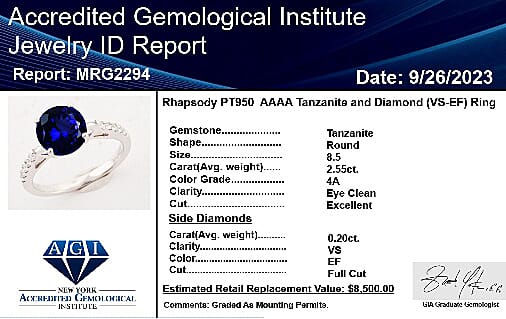 Certified &amp; Appraised RHAPSODY 950 Platinum AAAA Tanzanite, White Diamond VS Ring 2.75 Ct. 8375312 6