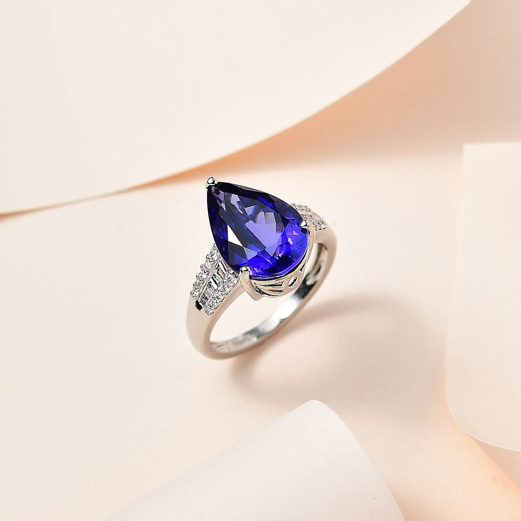 RHAPSODY 950 Platinum AAAA Pear Tanzanite & Diamond (VS-E-F)  Ring 7.50 Ct. Size P