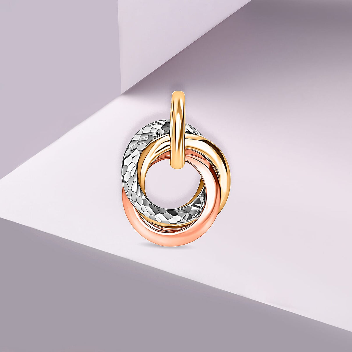 9K 3 Colour Gold 14mm x 18.4mm Diamond Cut Rings Pendant 8894754 2