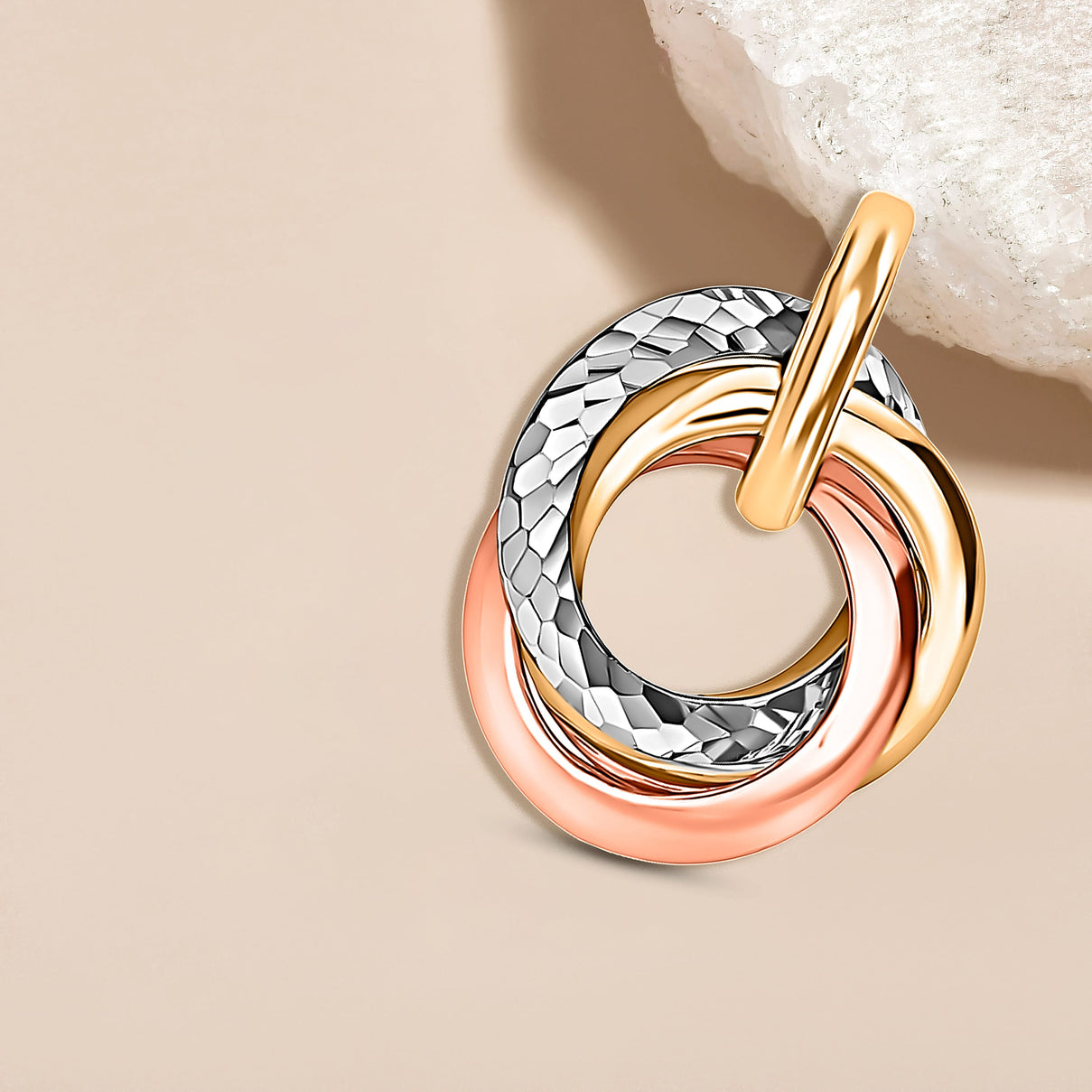 9K 3 Colour Gold 14mm x 18.4mm Diamond Cut Rings Pendant 8894754 3