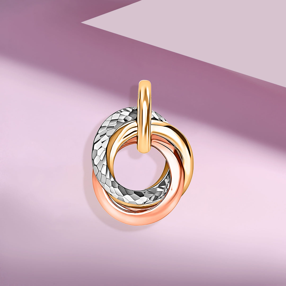 9K 3 Colour Gold 14mm x 18.4mm Diamond Cut Rings Pendant 8894754 4