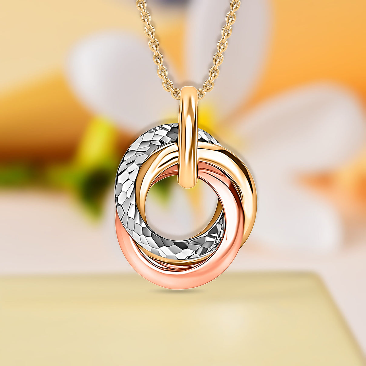 9K 3 Colour Gold 14mm x 18.4mm Diamond Cut Rings Pendant 8894754 5