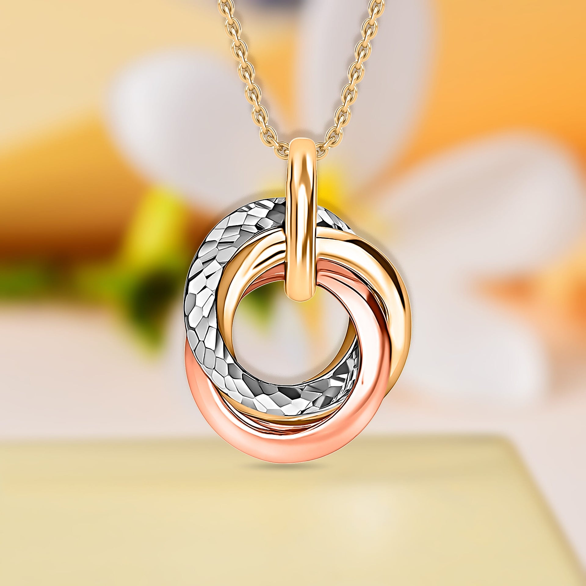 9K 3 Colour Gold 14mm x 18.4mm Diamond Cut Rings Pendant 8894754 5