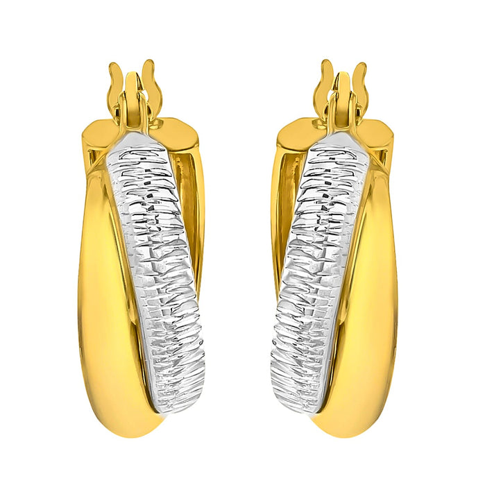 9K 2 Colour Gold 15mm Diamond Cut and Plain 2mm Band Crossover Creole Earrings 8894744 1