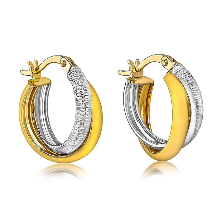 9K 2 Colour Gold 15mm Diamond Cut and Plain 2mm Band Crossover Creole Earrings 8894744 2