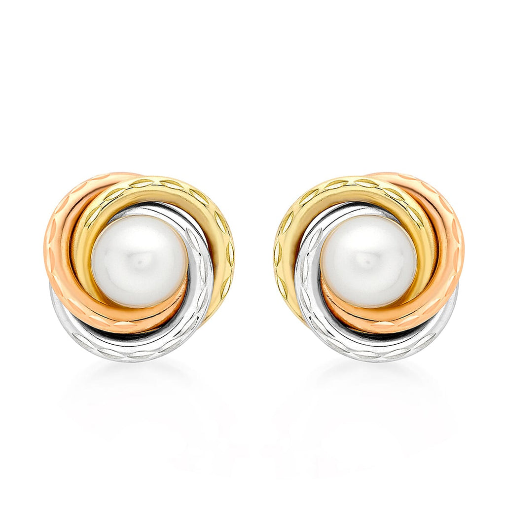 9K 3 Colour Gold 6mm Freshwater Pearl 12mm Diamond Cut Knot Stud Earrings