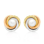 9K 3 Colour Gold 6mm Freshwater Pearl 12mm Diamond Cut Knot Stud Earrings