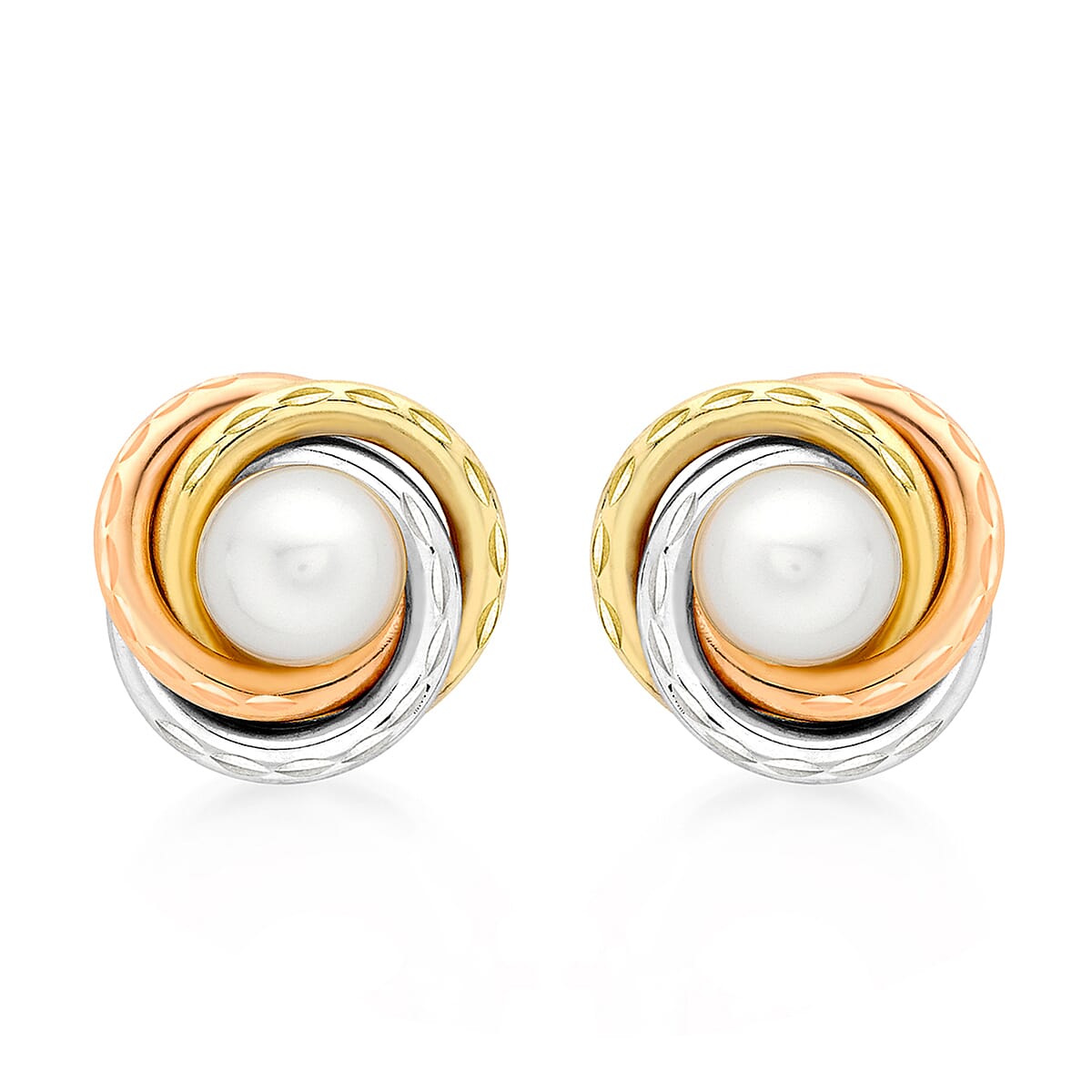 9K 3 Colour Gold 6mm Freshwater Pearl 12mm Diamond Cut Knot Stud Earrings 7078198 0