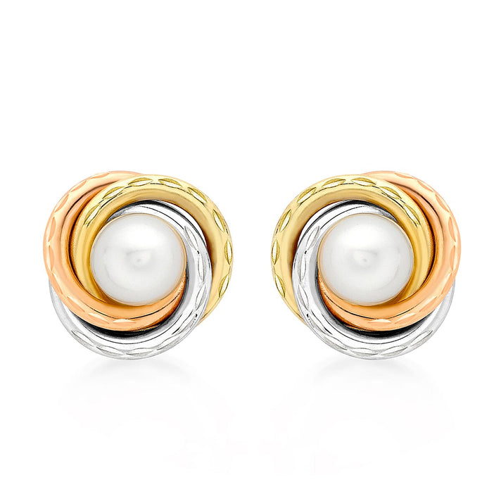 9K 3 Colour Gold 6mm Freshwater Pearl 12mm Diamond Cut Knot Stud Earrings 7078198 1