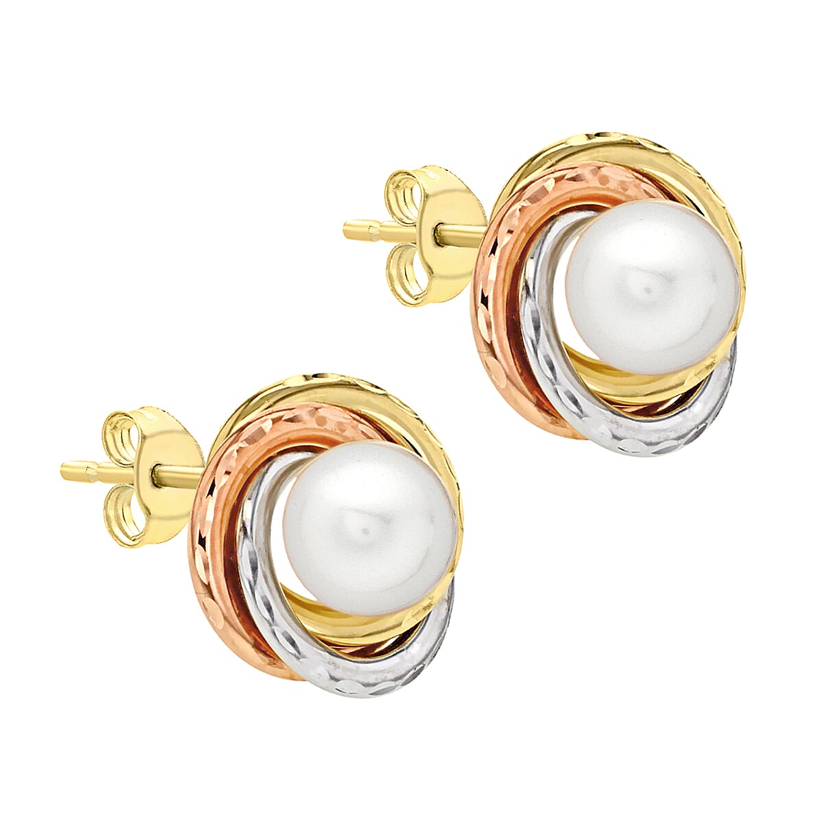 9K 3 Colour Gold 6mm Freshwater Pearl 12mm Diamond Cut Knot Stud Earrings 7078198 1