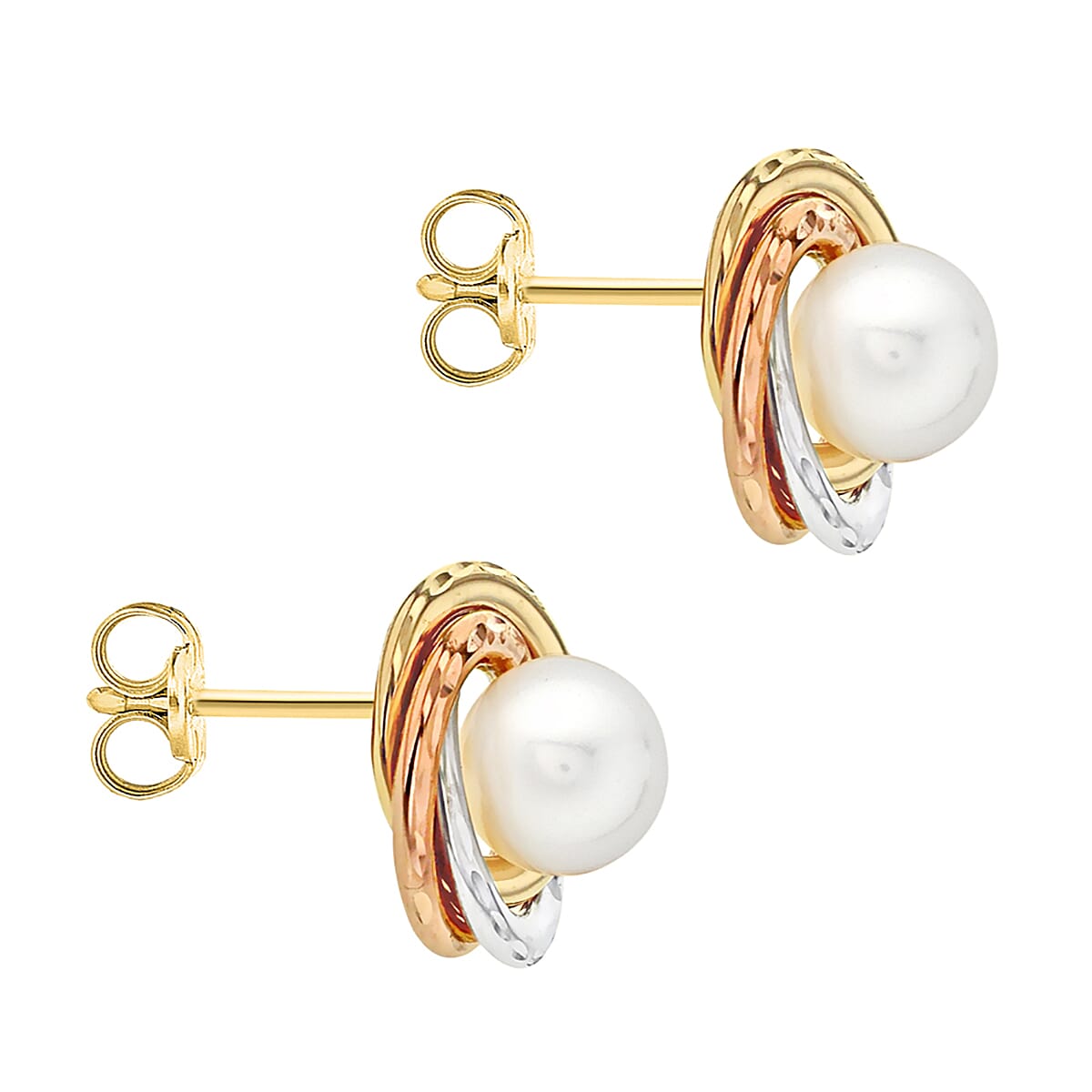 9K 3 Colour Gold 6mm Freshwater Pearl 12mm Diamond Cut Knot Stud Earrings 7078198 2