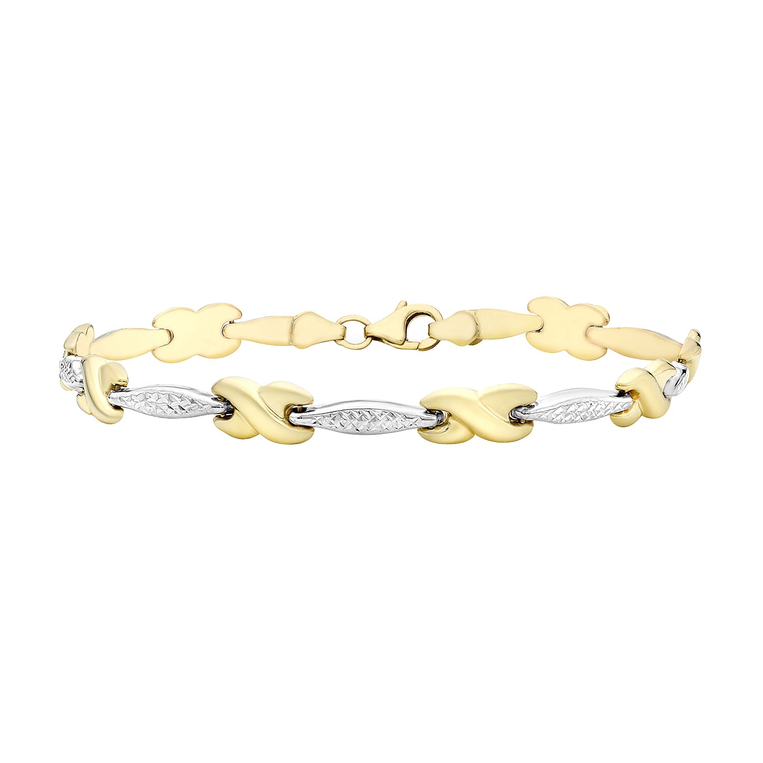 9K 2 Colour Gold Diamond Cut Bar And Kiss Link Bracelet 7.5 Inch 7078185 0