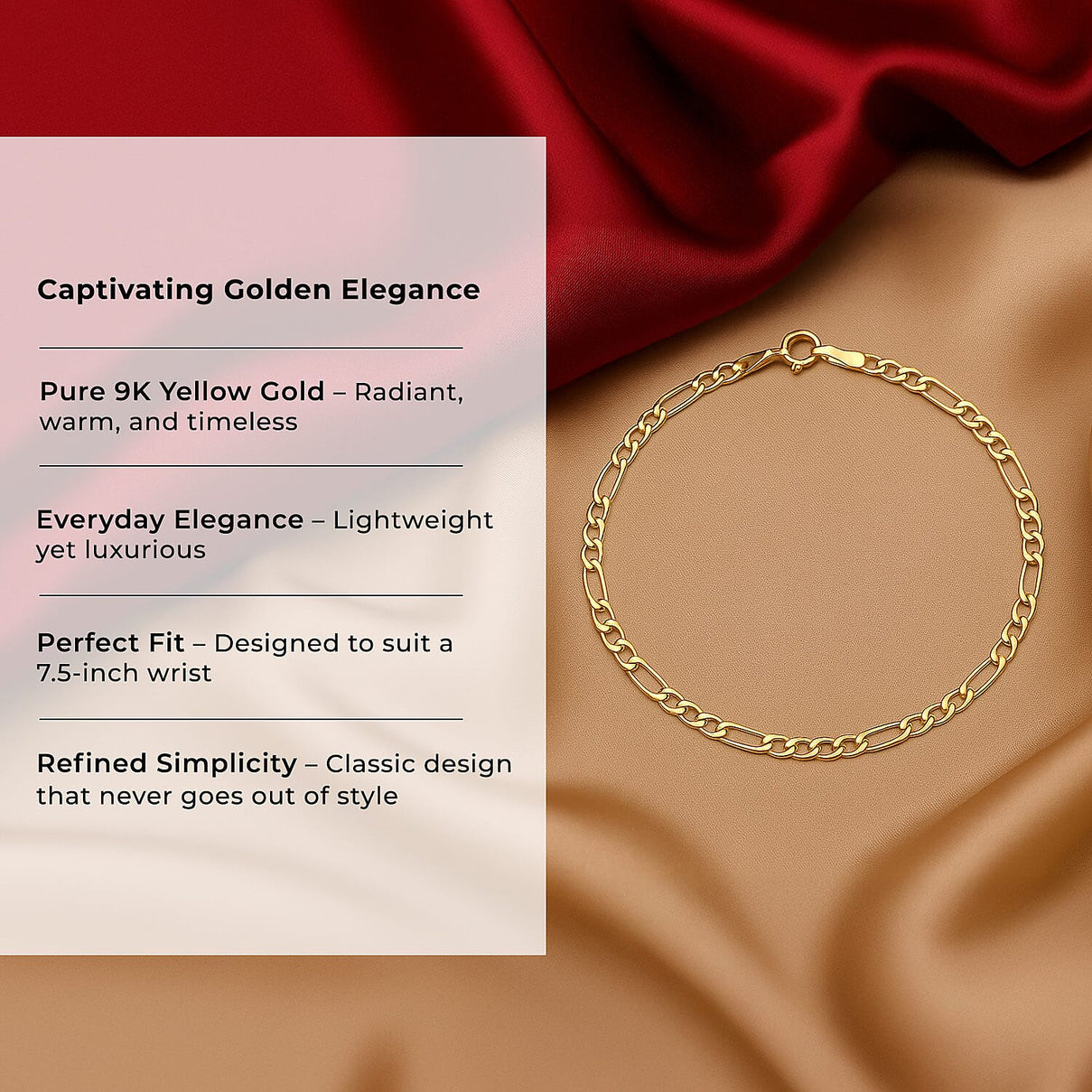 9K Yellow Gold 2 MM Figaro Bracelet with Spring Ring Clasp 7.5 Inch Polished 8104728 1
