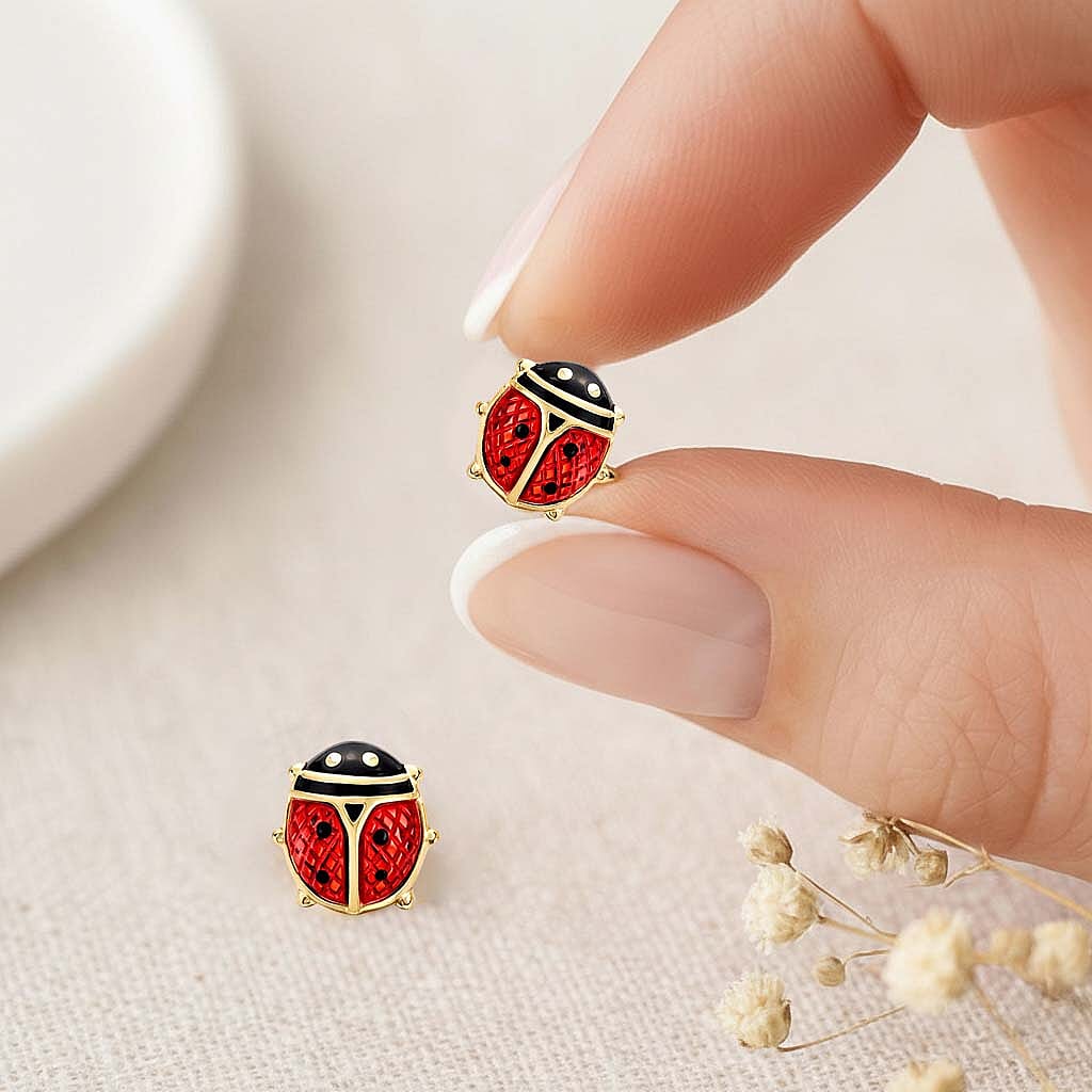 9K Gold Mini Enamel Ladybird Earrings 7812685 2