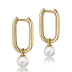 9K Rectangle Drop Hoop Pearl Earrings
