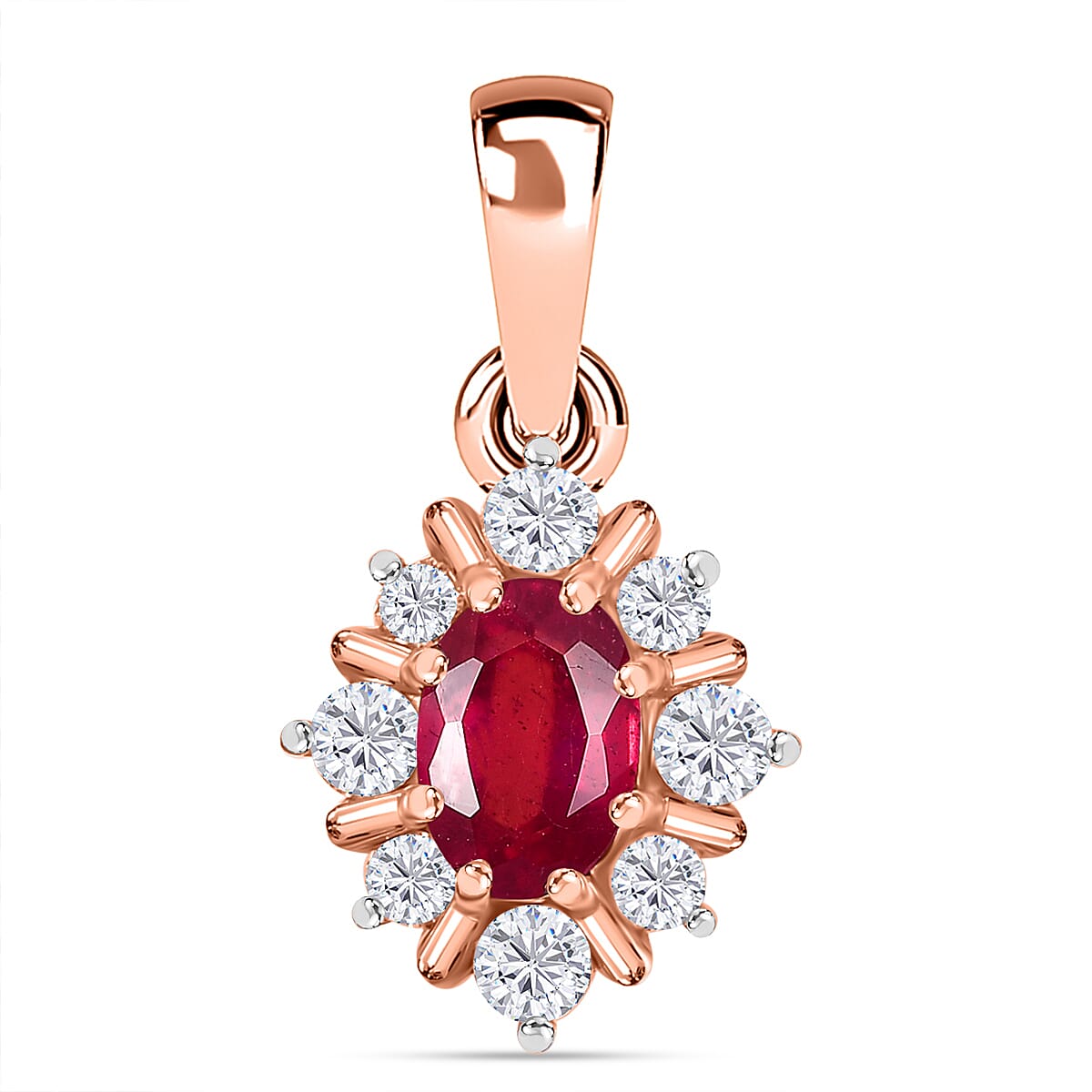 9K Rose Gold AA Fissure Filled Ruby, Moissanite Halo Pendant 7861663 0