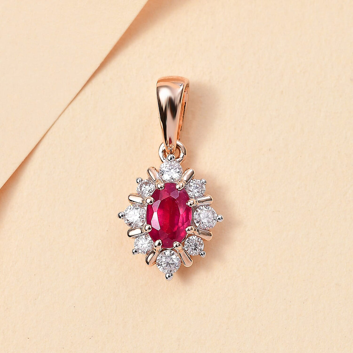 9K Rose Gold AA Fissure Filled Ruby, Moissanite Halo Pendant 7861663 2