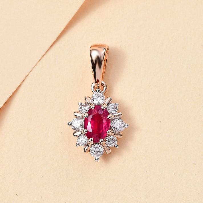 9K Rose Gold AA Fissure Filled Ruby, Moissanite Halo Pendant 7861663 2