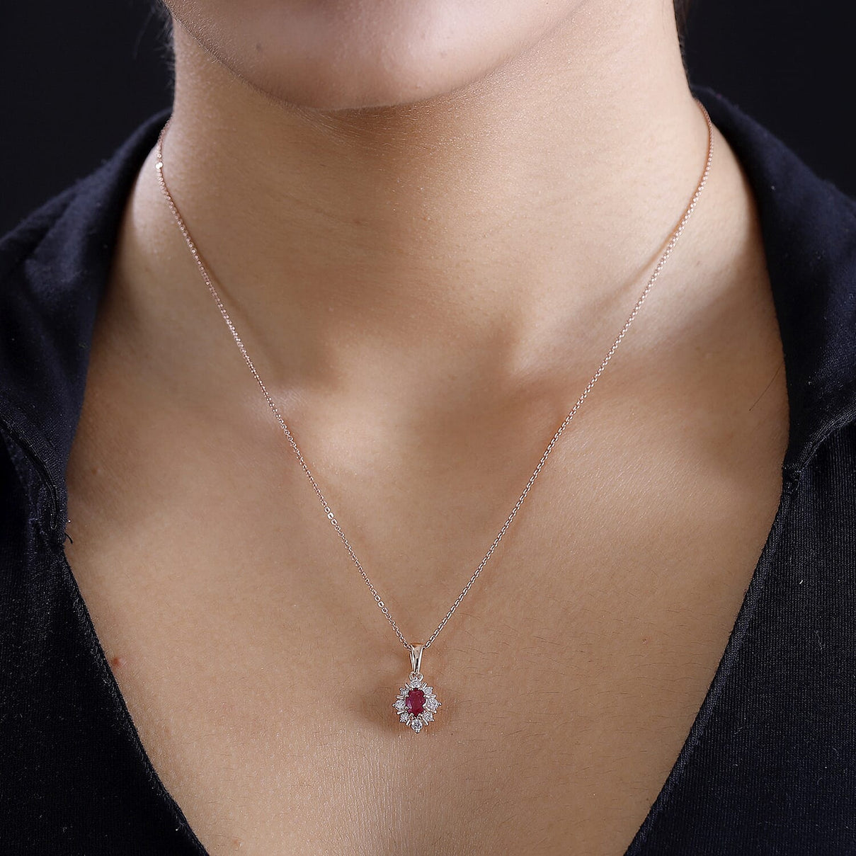 9K Rose Gold AA Fissure Filled Ruby, Moissanite Halo Pendant 7861663 3