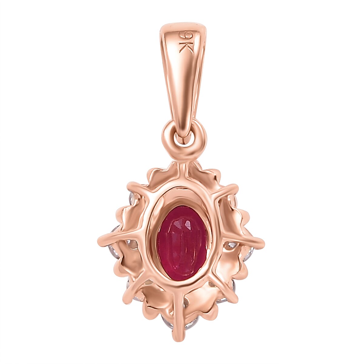 9K Rose Gold AA Fissure Filled Ruby, Moissanite Halo Pendant 7861663 5