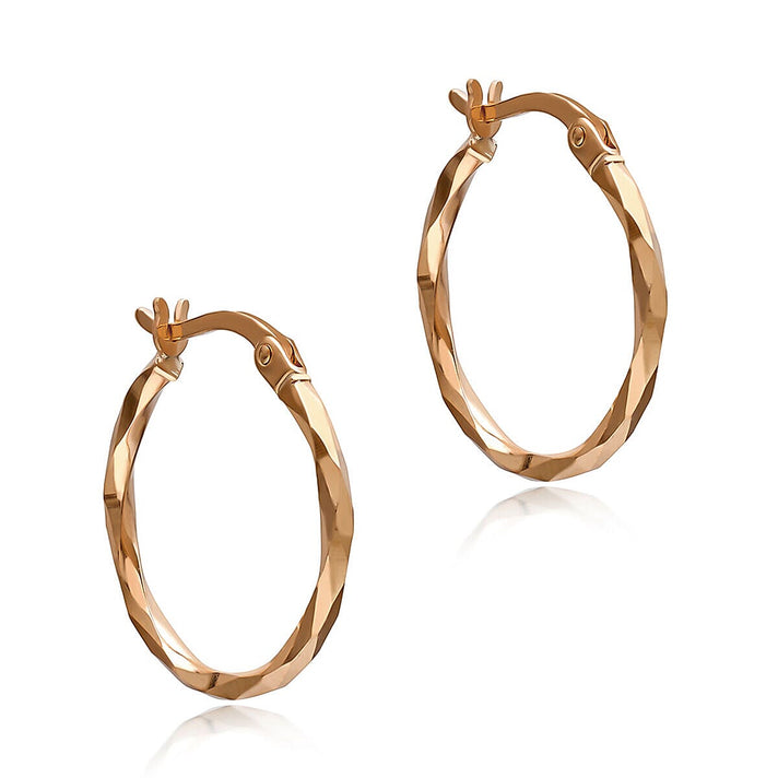 9K Rose Gold Plated 2mm x 20mm Diamond Cut Faceted Creole Earrings 7341478 1