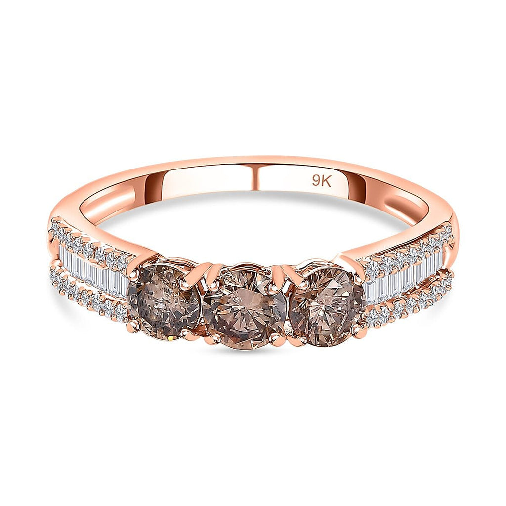 9K Rose Gold Certified Natural Champagne Diamond (3 x 0.25 CT Solitaire) & White Diamond Ring 1.00 Ct