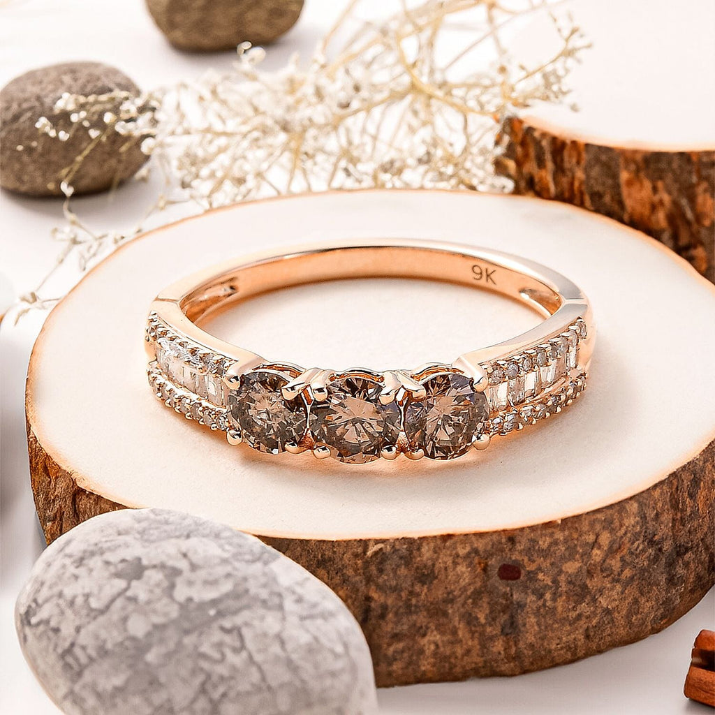 9K Rose Gold Certified Natural Champagne Diamond (3 x 0.25 CT Solitaire) & White Diamond Ring 1.00 Ct
