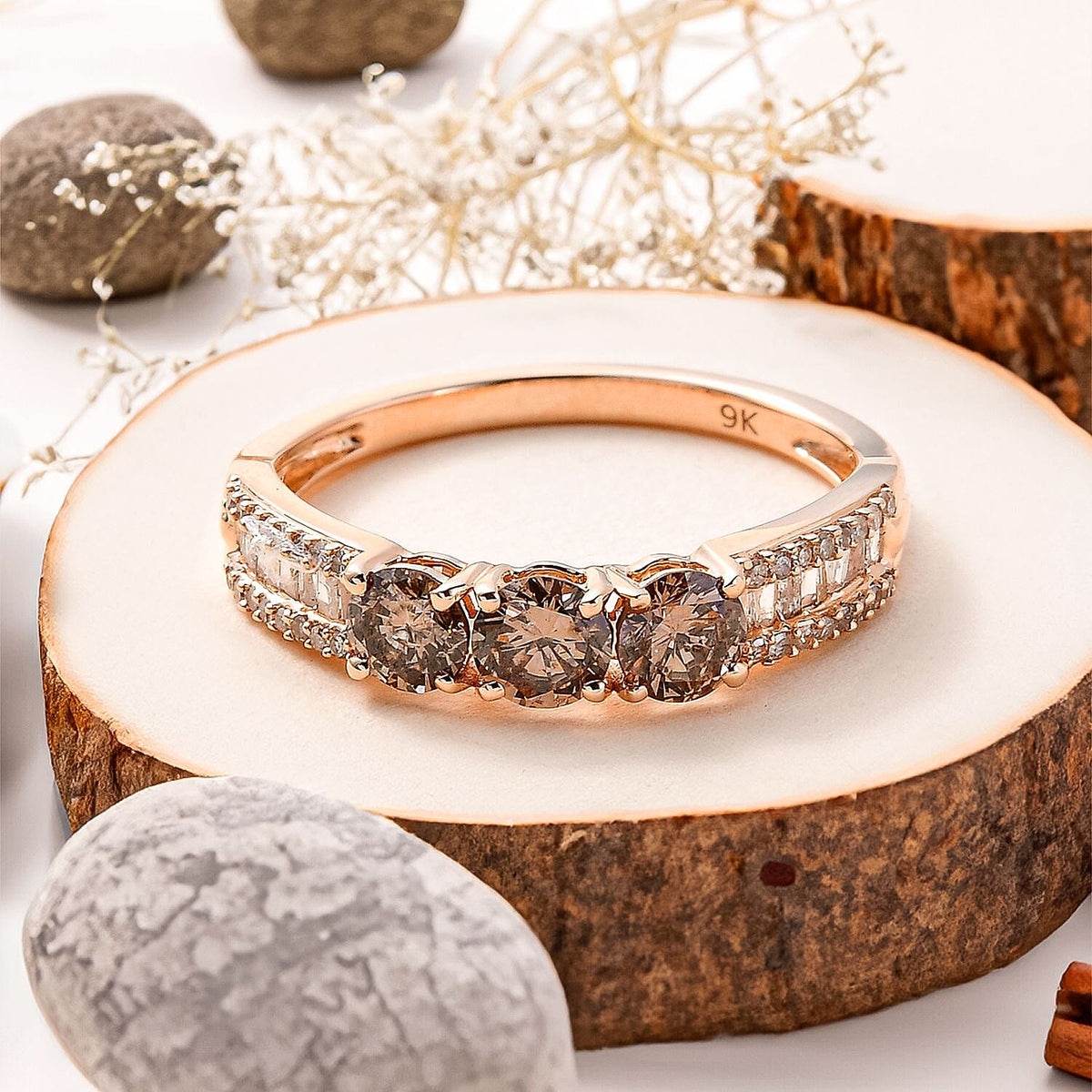 Natural Champagne Diamond and White Diamond Ring in 9K Rose Gold 7688206 1