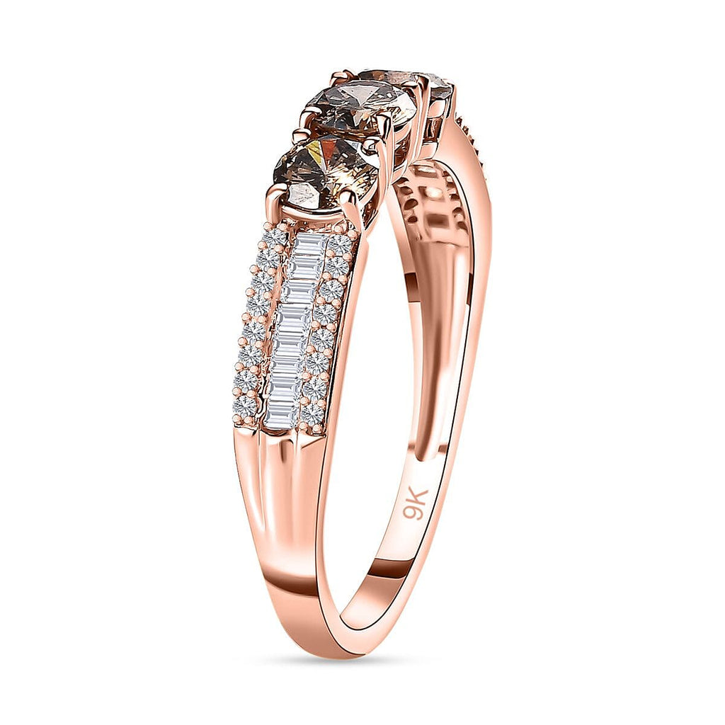 9K Rose Gold Certified Natural Champagne Diamond (3 x 0.25 CT Solitaire) & White Diamond Ring 1.00 Ct