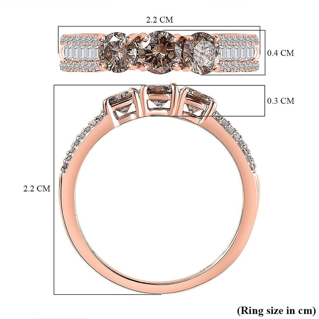 9K Rose Gold Certified Natural Champagne Diamond (3 x 0.25 CT Solitaire) & White Diamond Ring 1.00 Ct
