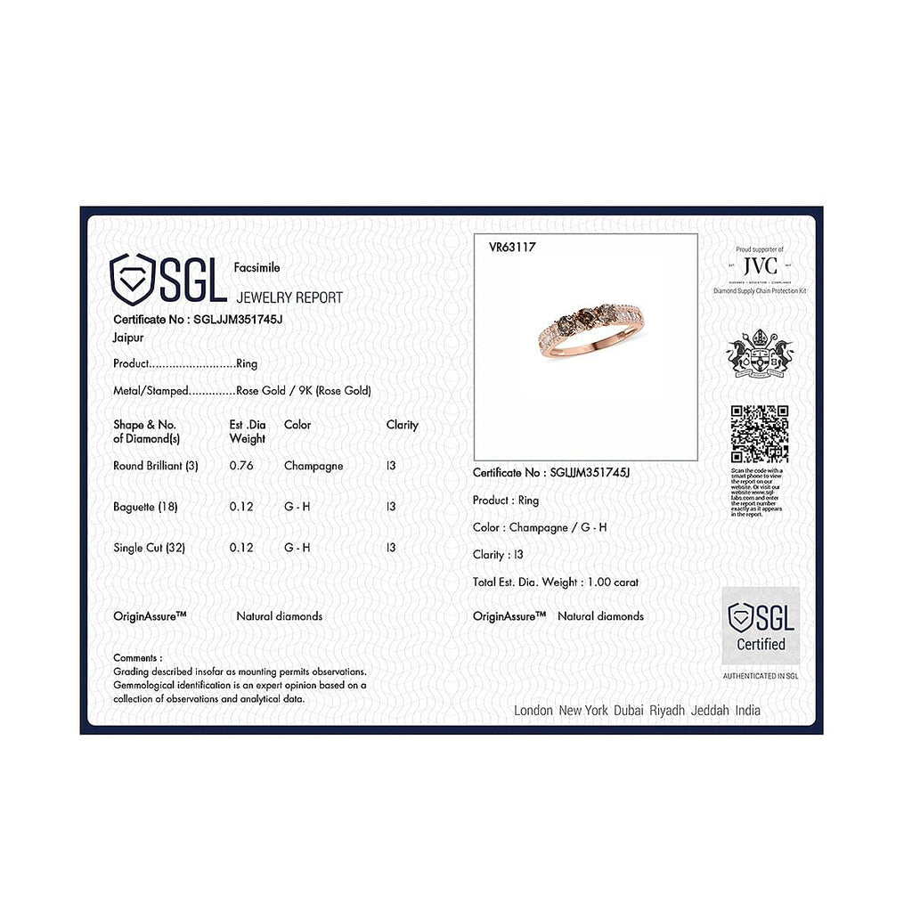 9K Rose Gold Certified Natural Champagne Diamond (3 x 0.25 CT Solitaire) & White Diamond Ring 1.00 Ct